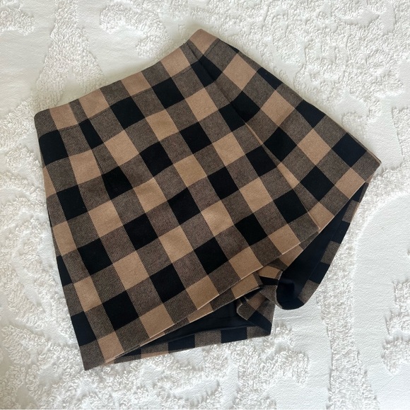 [CLEARANCE/Send Offers] Wool Mini Skort in Brown & Black Check Print - Picture 1 of 6